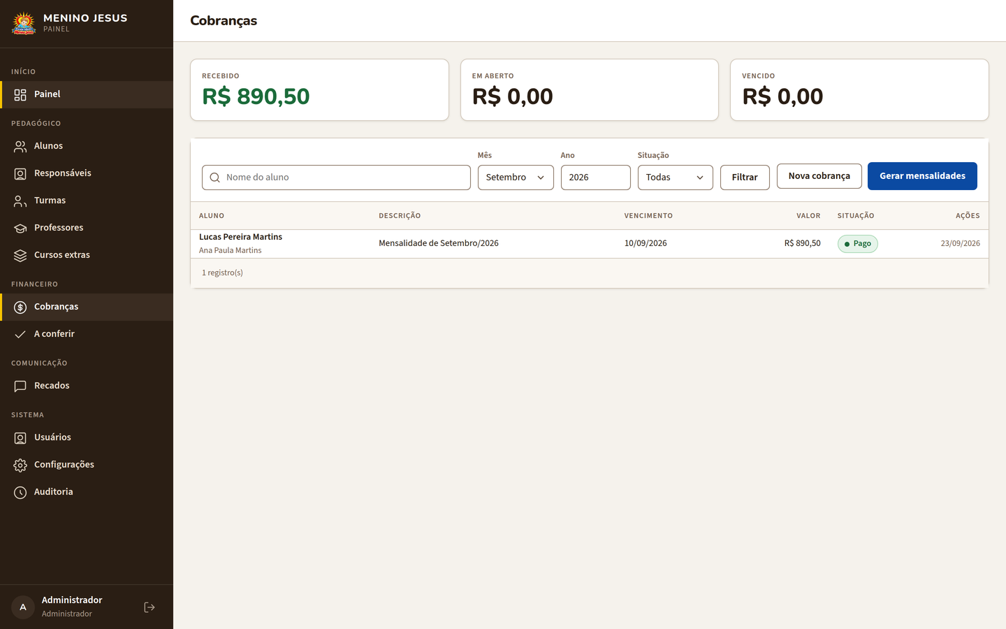 Tela de cobranças mostrando recebido, em aberto e vencido, com a lista de mensalidades