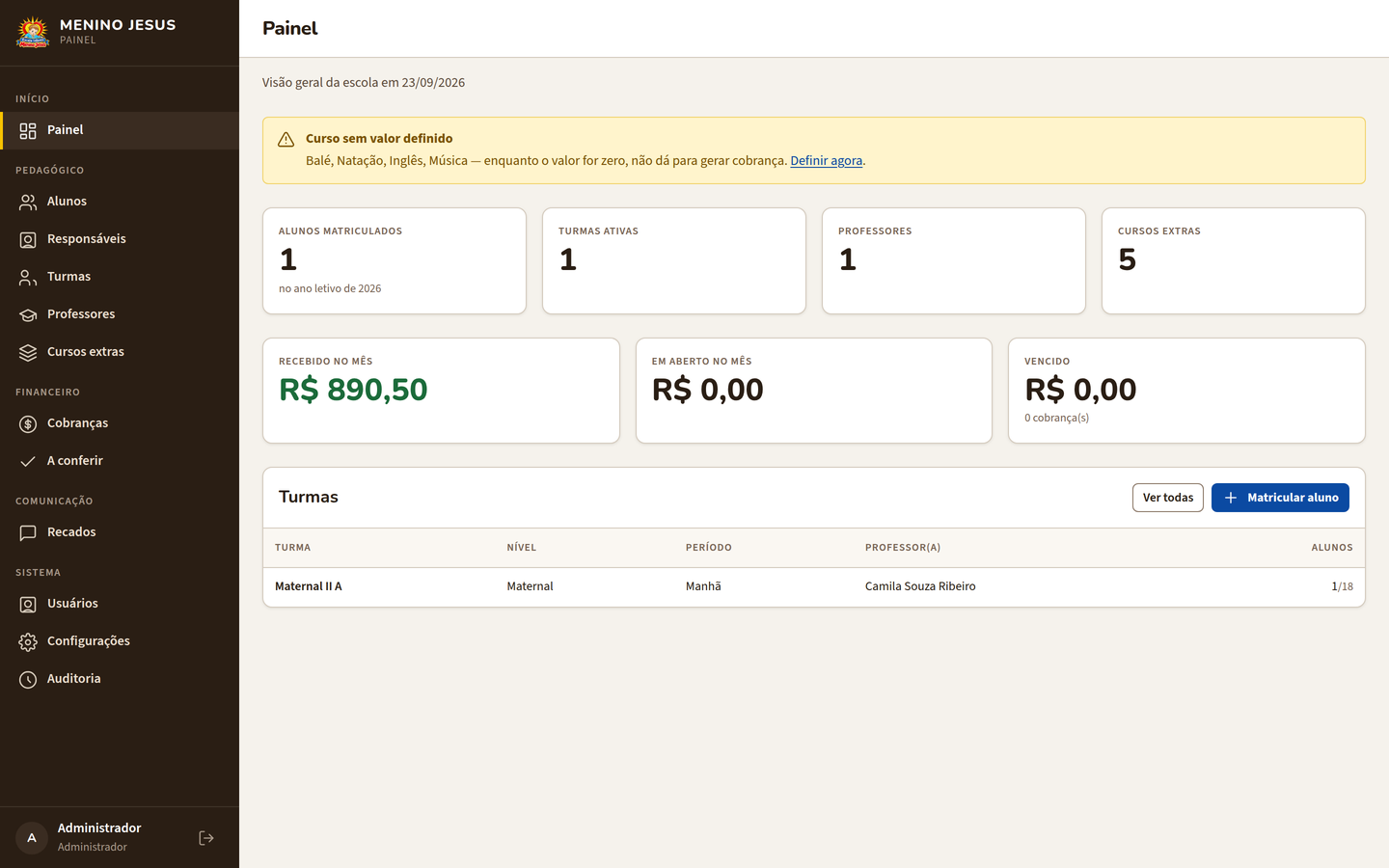 Tela do painel de gestão mostrando alunos matriculados, turmas e situação financeira do mês